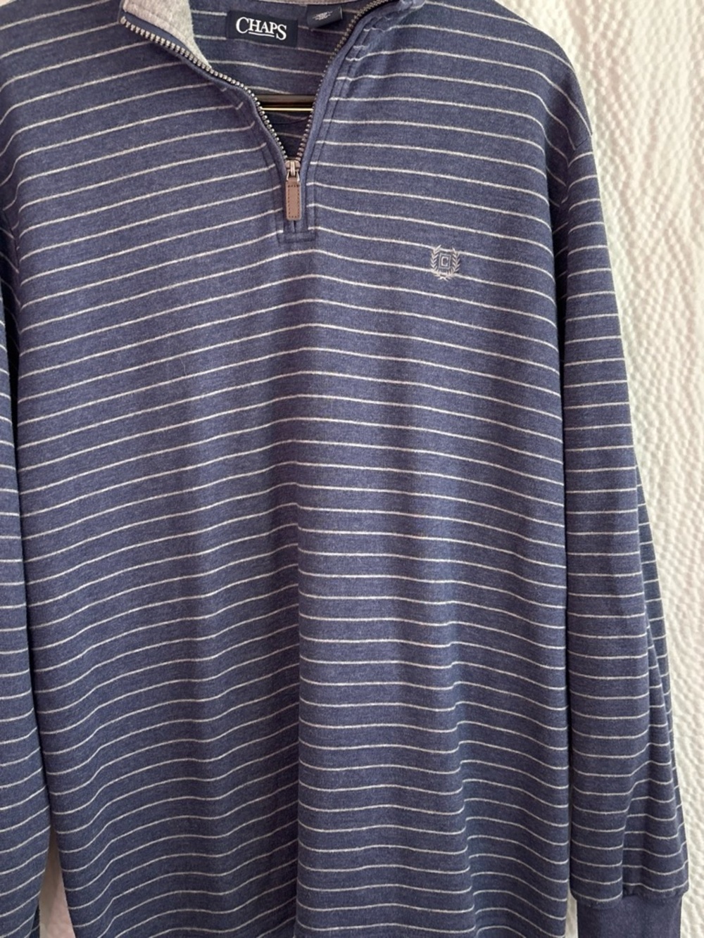 Chaps Men’s Navy and White Striped Zip-Up Sweater